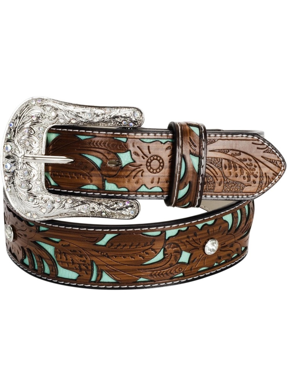 Tooled Rhinestone  Leather Western Belt with Turquoise Inlay, and Silver Buckle